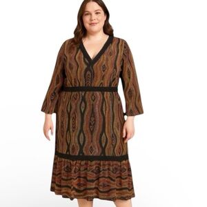 New York & Company Boho Multicolor Midi Dress Size XL Bell Sleeves New With Tag